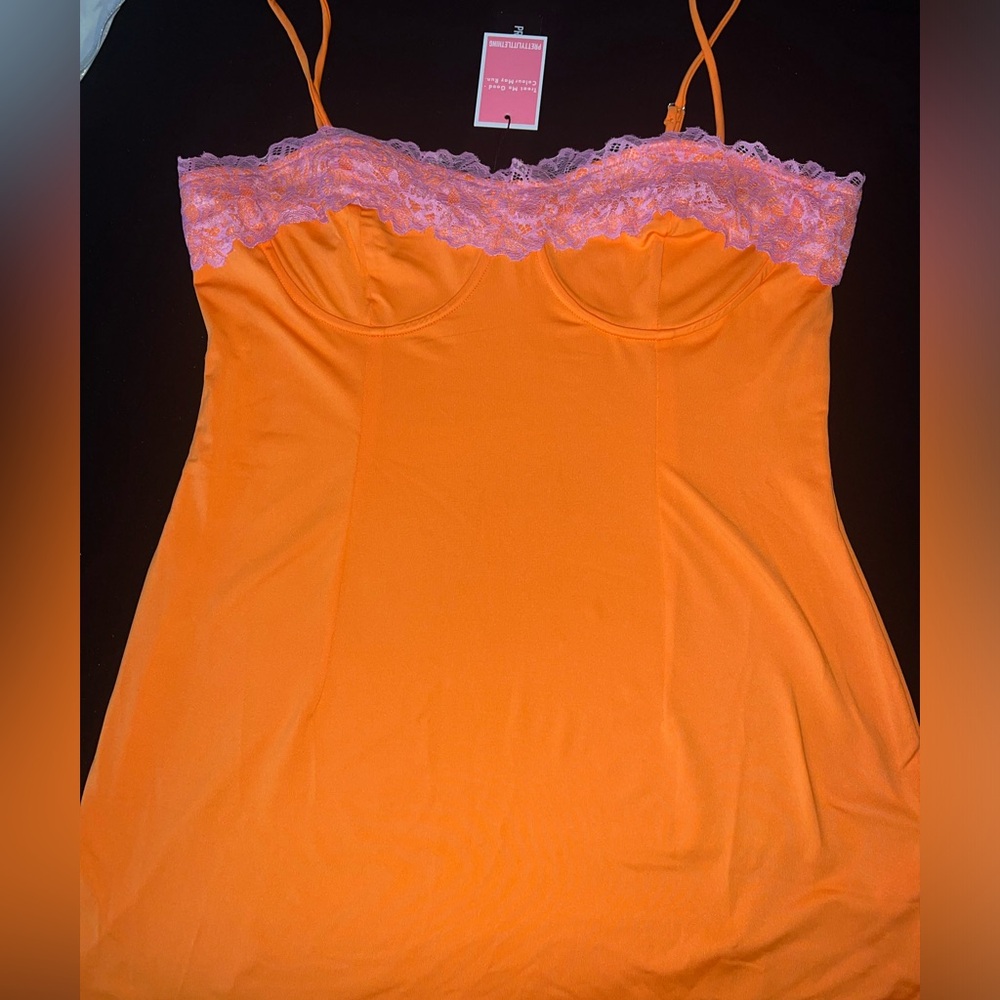 Orange and pink lace bodycon dress